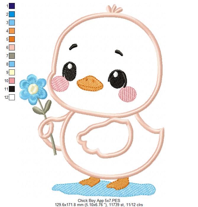 Chick Boy with Flower - Applique - Machine Embroidery Design