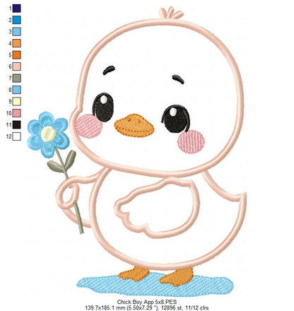 Chick Boy with Flower - Applique - Machine Embroidery Design