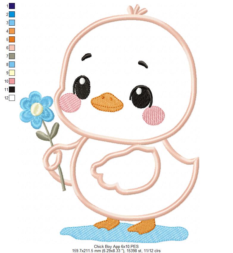 Chick Boy with Flower - Applique - Machine Embroidery Design