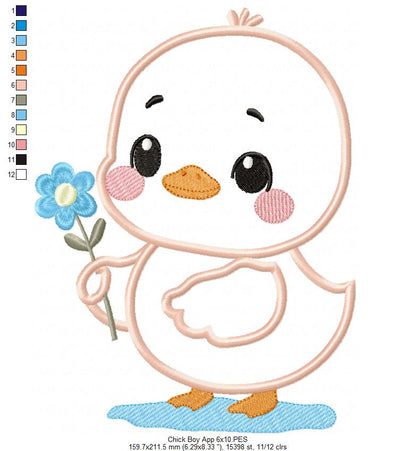 Chick Boy with Flower - Applique - Machine Embroidery Design