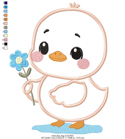Chick Boy with Flower - Applique - Machine Embroidery Design