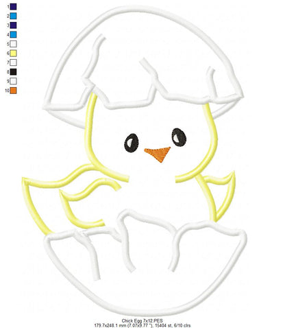 Cute Chick in an Egg - Applique - Machine Embroidery Design