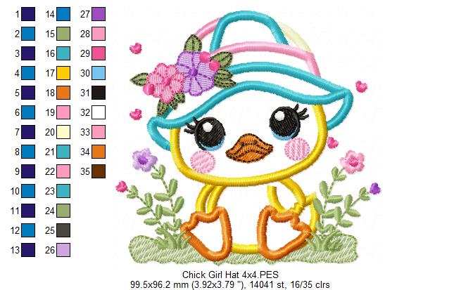 Chick Girl with Hat and Flowers – Appliqué – Machine Embroidery Design ...