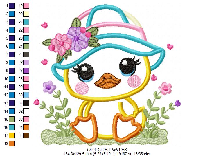 Baby Chick Girl with Hat - Applique - Machine Embroidery Design