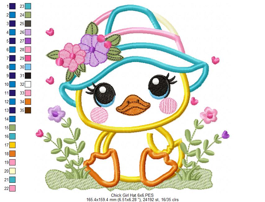 Baby Chick Girl with Hat - Applique - Machine Embroidery Design