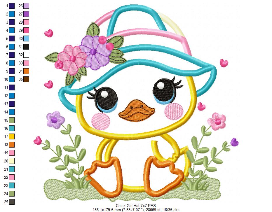 Baby Chick Girl with Hat - Applique - Machine Embroidery Design