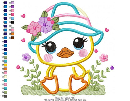 Baby Chick Girl with Hat - Applique - Machine Embroidery Design