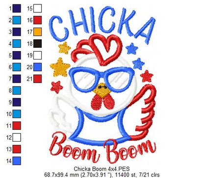 🎉 Patriotic Chicka Boom! – Applique – Machine Embroidery Design