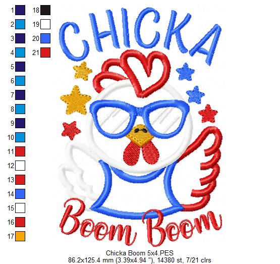 🎉 Patriotic Chicka Boom! – Applique – Machine Embroidery Design