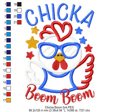 🎉 Patriotic Chicka Boom! – Applique – Machine Embroidery Design