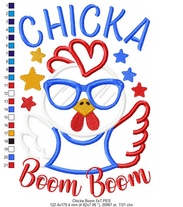 🎉 Patriotic Chicka Boom! – Applique – Machine Embroidery Design