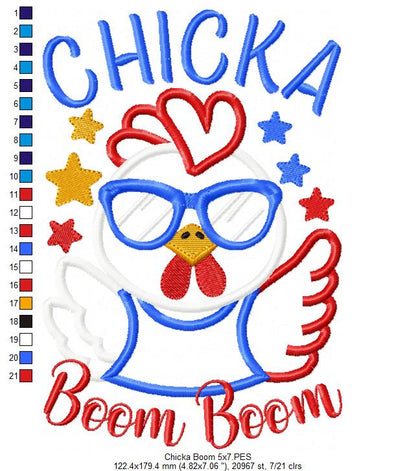 🎉 Patriotic Chicka Boom! – Applique – Machine Embroidery Design