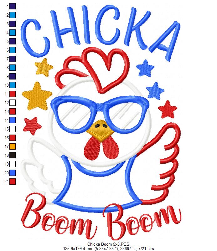 🎉 Patriotic Chicka Boom! – Applique – Machine Embroidery Design