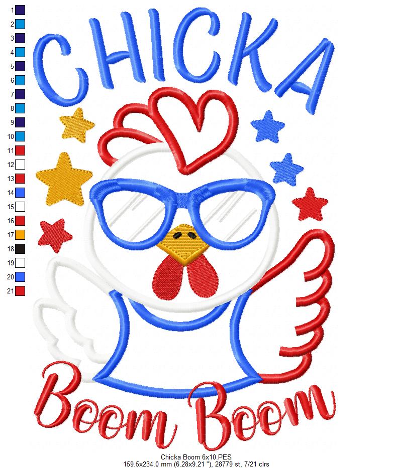 🎉 Patriotic Chicka Boom! – Applique – Machine Embroidery Design
