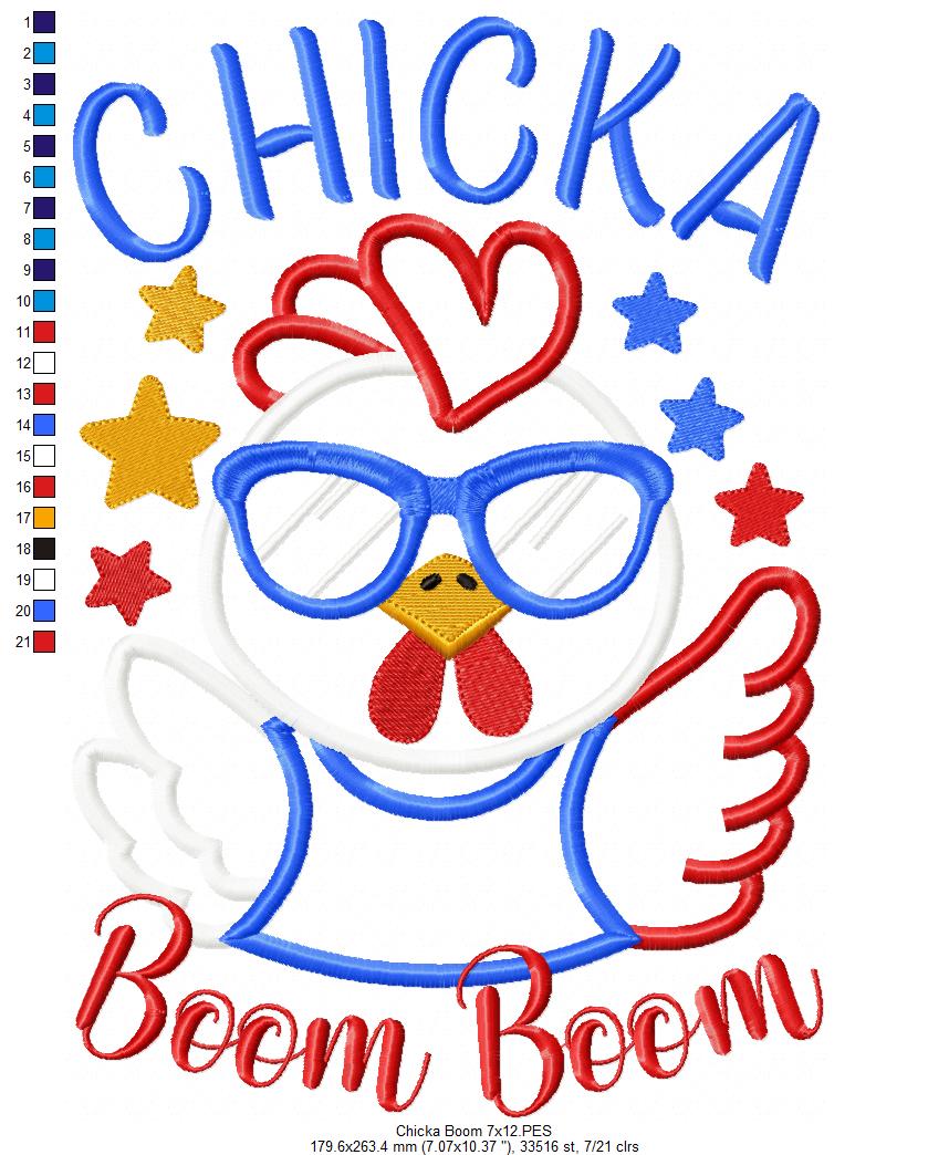 🎉 Patriotic Chicka Boom! – Applique – Machine Embroidery Design