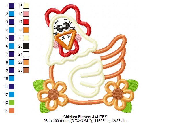 Chicken and Flowers - Applique - Machine Embroidery Design