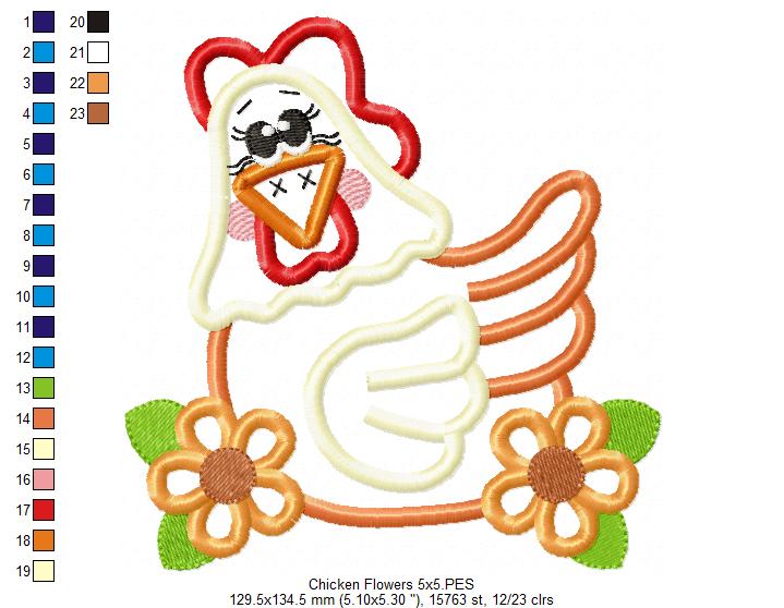 Chicken and Flowers - Applique - Machine Embroidery Design