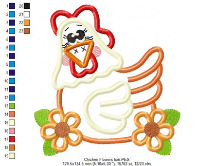 Chicken and Flowers - Applique - Machine Embroidery Design