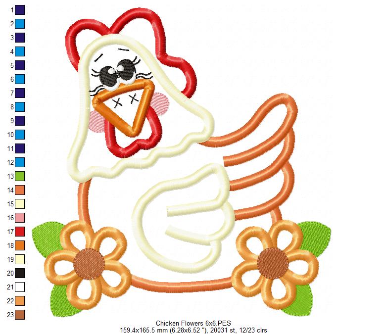 Chicken and Flowers - Applique - Machine Embroidery Design
