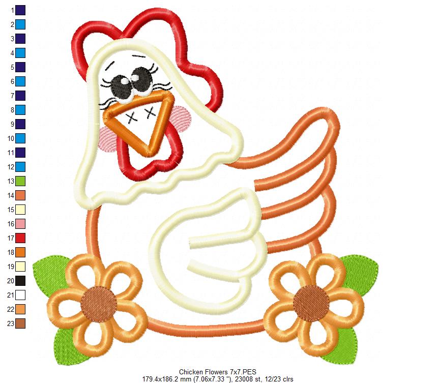 Chicken and Flowers - Applique - Machine Embroidery Design