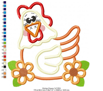 Chicken and Flowers - Applique - Machine Embroidery Design