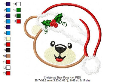 Christmas Teddy Bear Face - Applique - Machine Embroidery Design