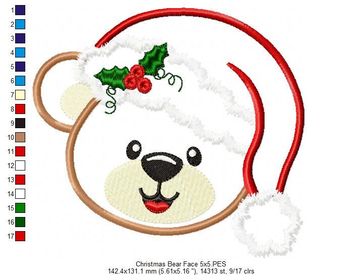 Christmas Teddy Bear Face - Applique - Machine Embroidery Design