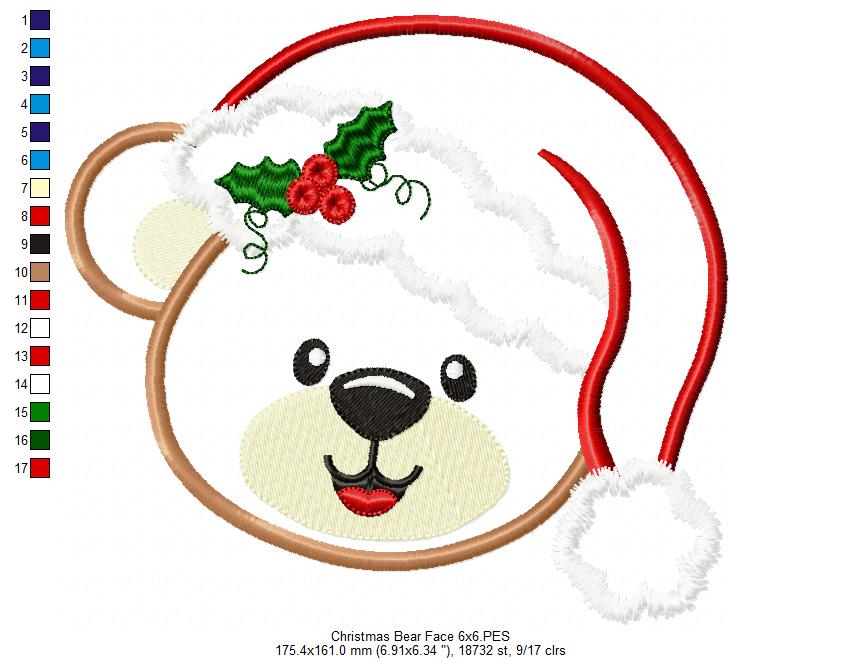 Christmas Teddy Bear Face - Applique - Machine Embroidery Design