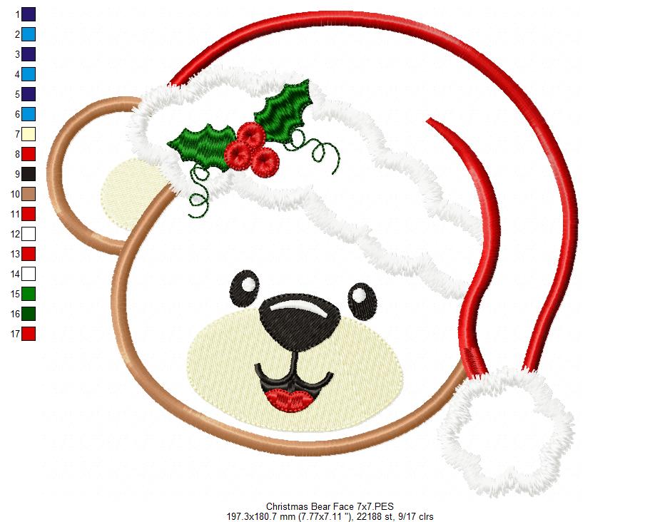 Christmas Teddy Bear Face - Applique - Machine Embroidery Design