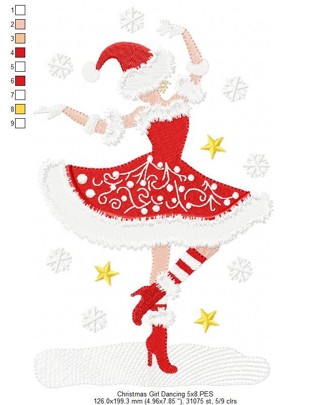 Christmas Santa Girl Dancing - Fill Stitch - Machine Embroidery Design