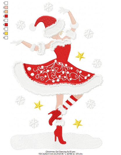 Christmas Santa Girl Dancing - Fill Stitch - Machine Embroidery Design