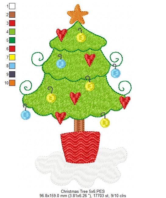 Christmas Tree with Hearts - Fill Stitch - Machine Embroidery Design