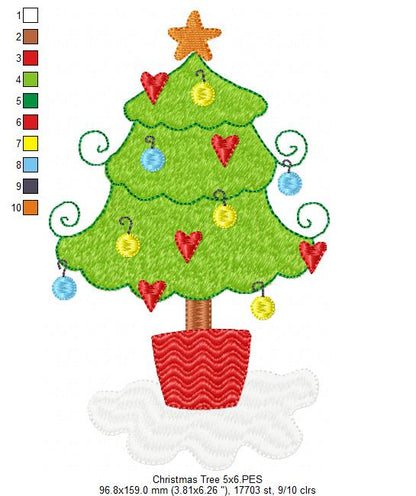 Christmas Tree with Hearts - Fill Stitch - Machine Embroidery Design