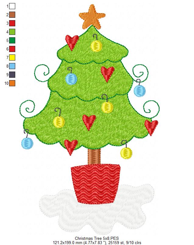 Christmas Tree with Hearts - Fill Stitch - Machine Embroidery Design
