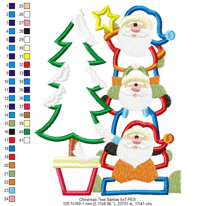 Christmas Tree Santas - Applique Machine Embroidery Design