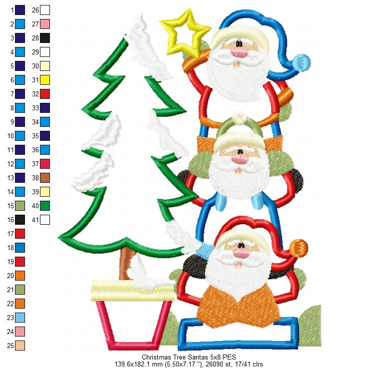 Christmas Tree Santas - Applique Machine Embroidery Design