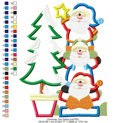Christmas Tree Santas - Applique Machine Embroidery Design