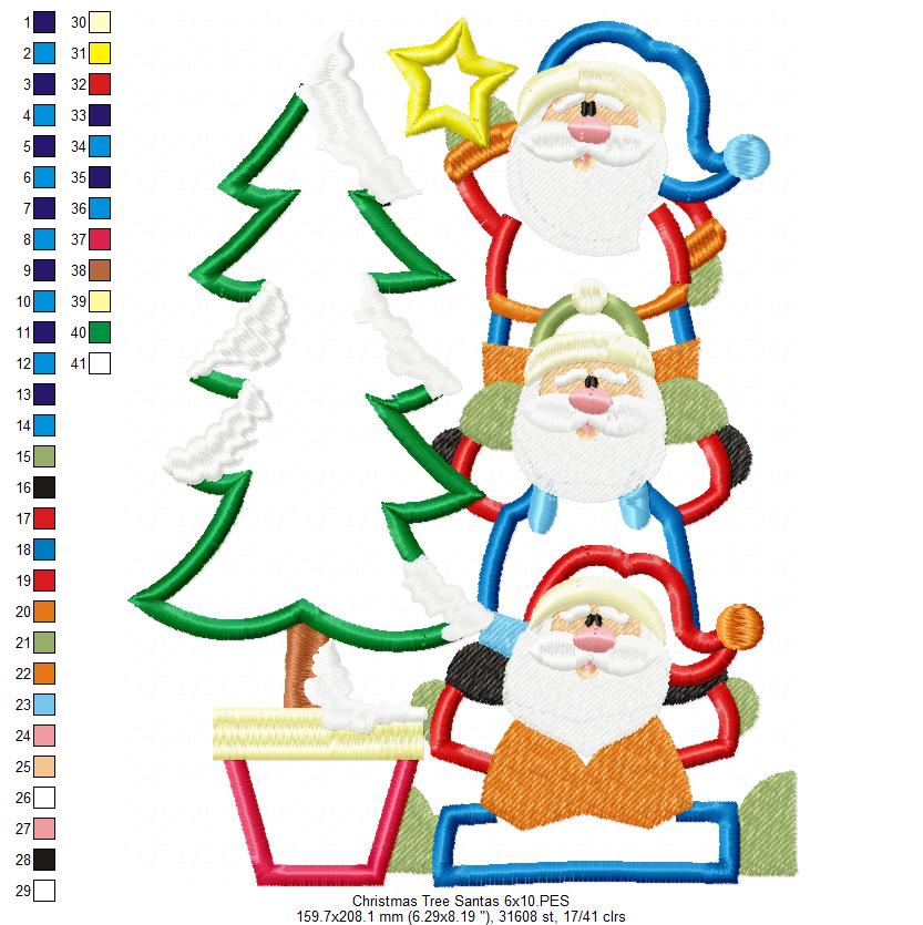 Christmas Tree Santas - Applique Machine Embroidery Design
