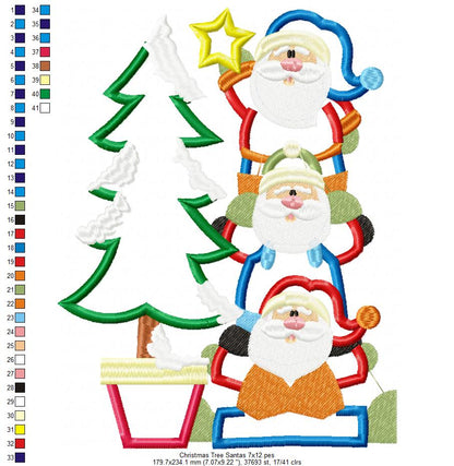 Christmas Tree Santas - Applique Machine Embroidery Design