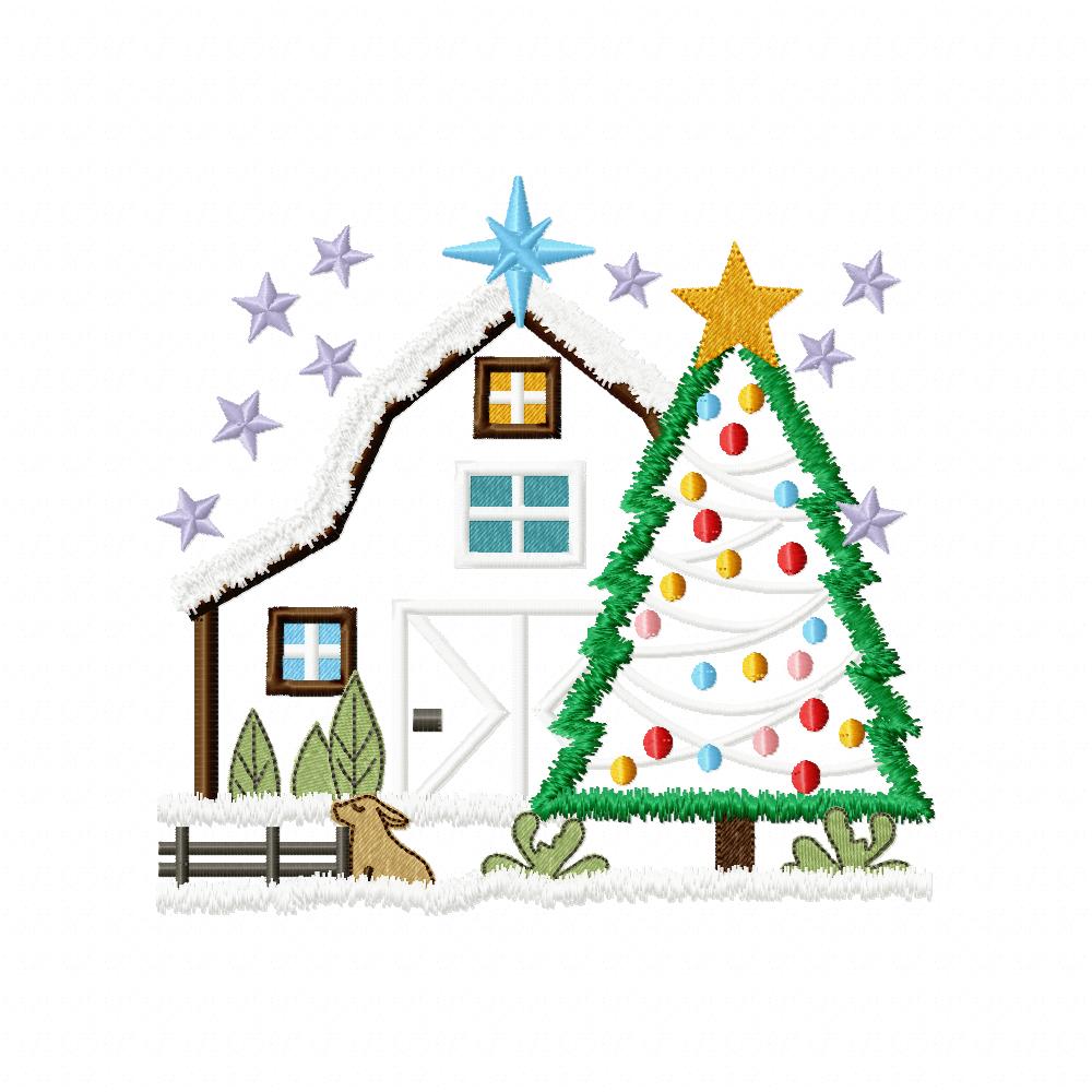 Christmas Barn and Tree - Applique - Machine Embroidery Design