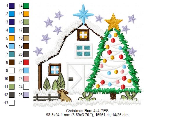 Christmas Barn and Tree - Applique - Machine Embroidery Design