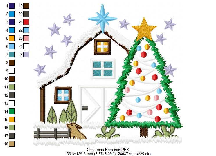 Christmas Barn and Tree - Applique - Machine Embroidery Design