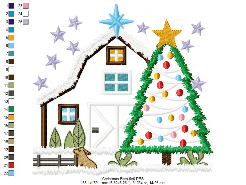 Christmas Barn and Tree - Applique - Machine Embroidery Design