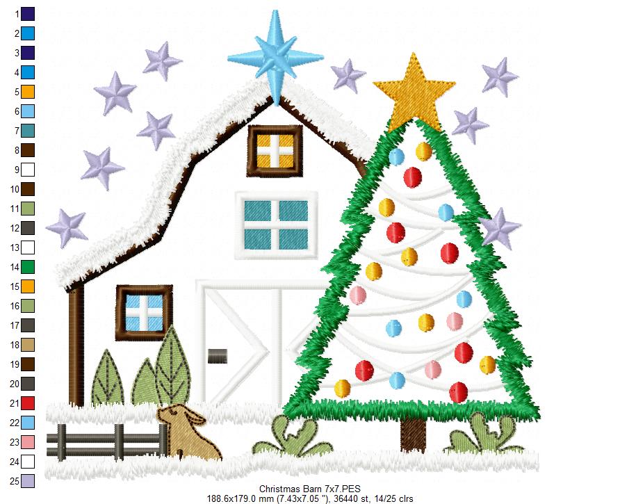 Christmas Barn and Tree - Applique - Machine Embroidery Design