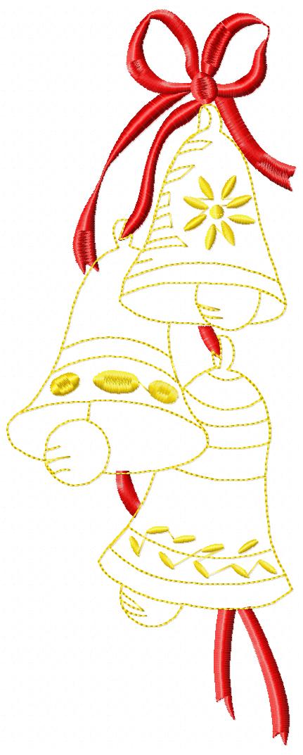Christmas Bells & Bow - Redwork Stitch - Machine Embroidery Design