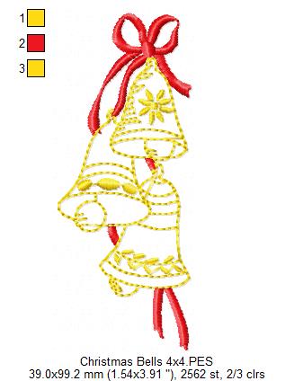 Christmas Bells & Bow - Redwork Stitch - Machine Embroidery Design