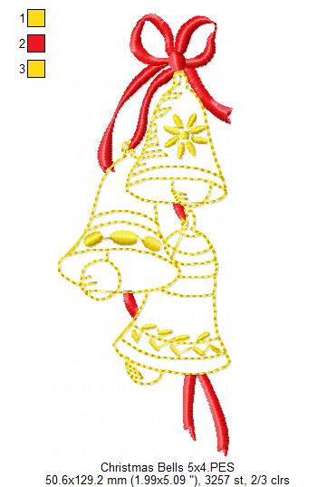 Christmas Bells & Bow - Redwork Stitch - Machine Embroidery Design