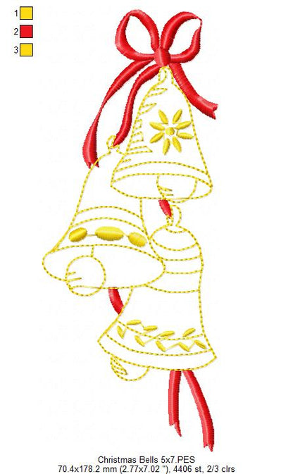 Christmas Bells & Bow - Redwork Stitch - Machine Embroidery Design