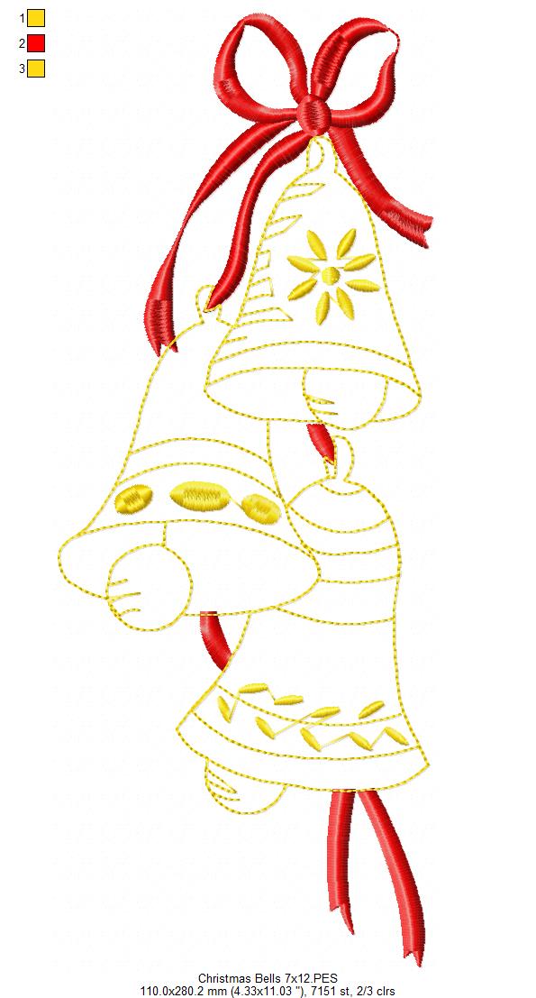 Christmas Bells & Bow - Redwork Stitch - Machine Embroidery Design