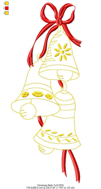 Christmas Bells & Bow - Redwork Stitch - Machine Embroidery Design